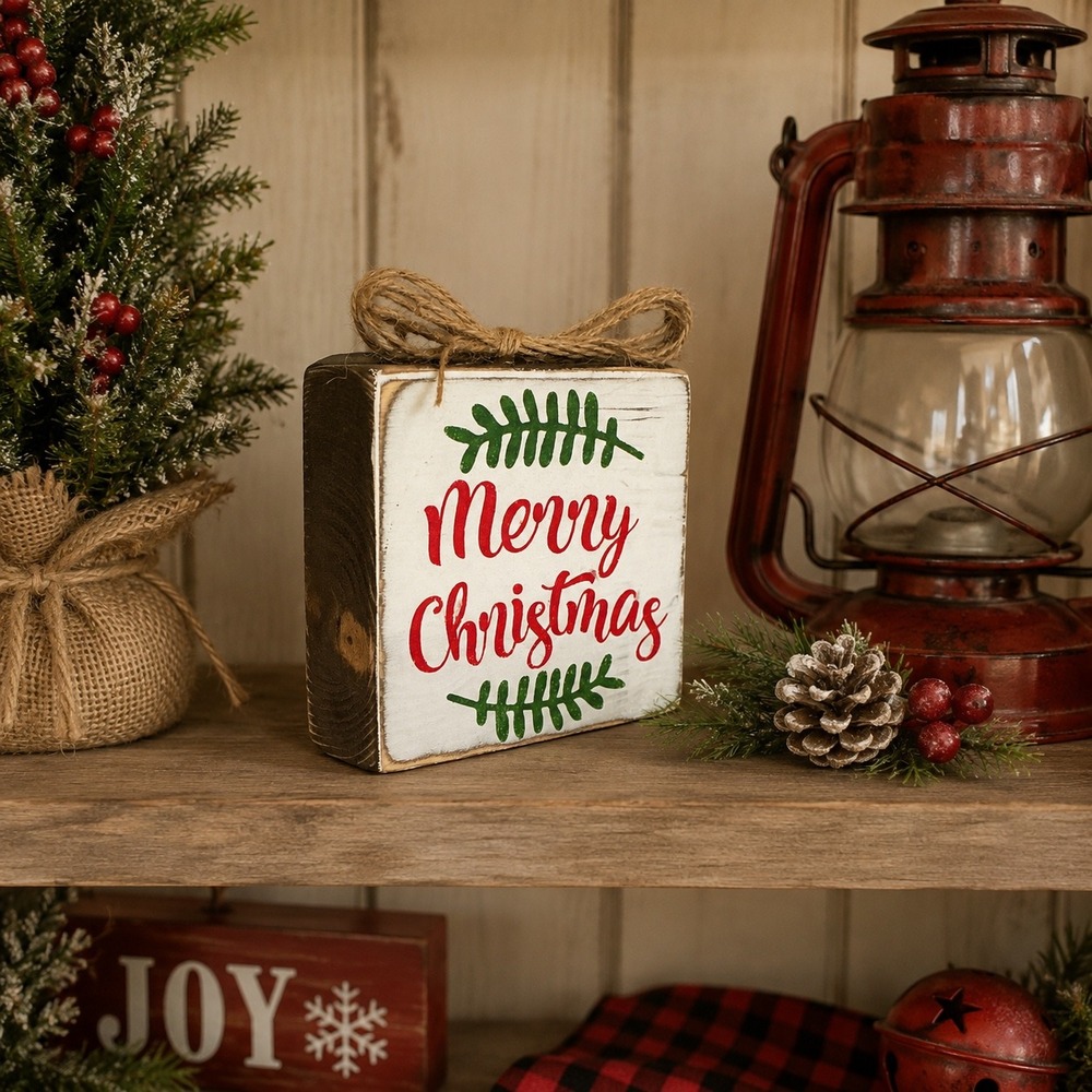 Handmade Merry Christmas Wood Block Sign Rustic Farmhouse Holiday Decor 4x4